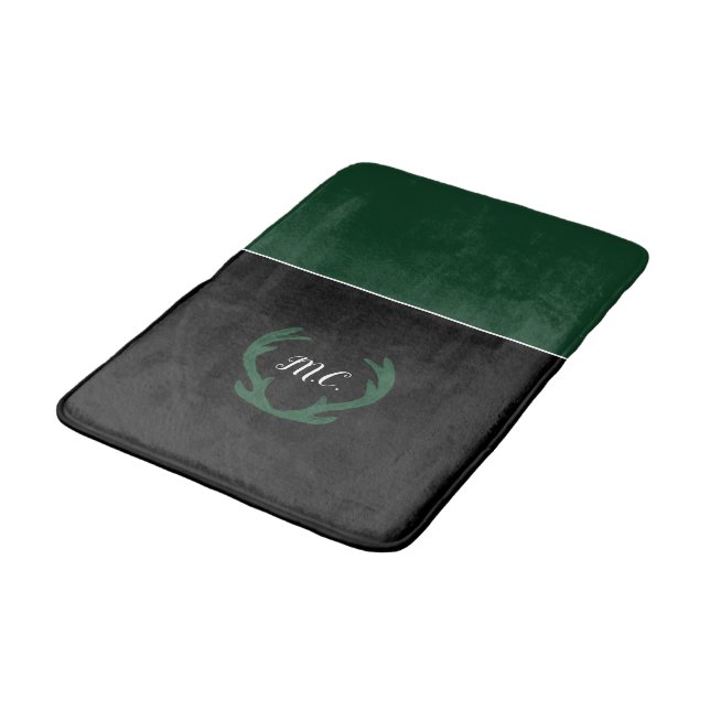 Modern Green Black Deer Antlers Monogram Bath Mat (Angled)