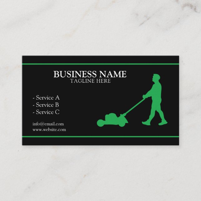 Modern Green & Black Landscape Technician Lawn Business Card (Front)