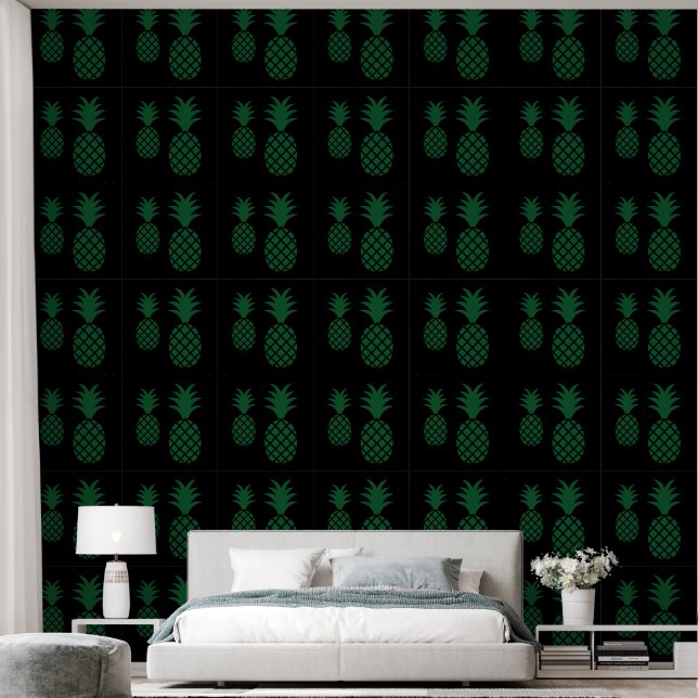 Modern Green Black Pineapple Pattern Wallpaper (Bedroom)