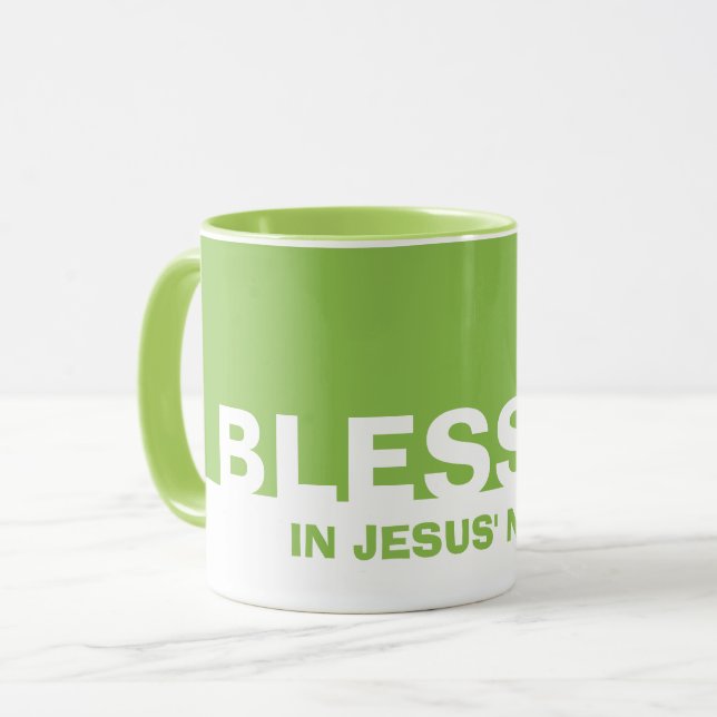 Modern Green BLESSED In Jesus' Name Christian Mug (Front Left)