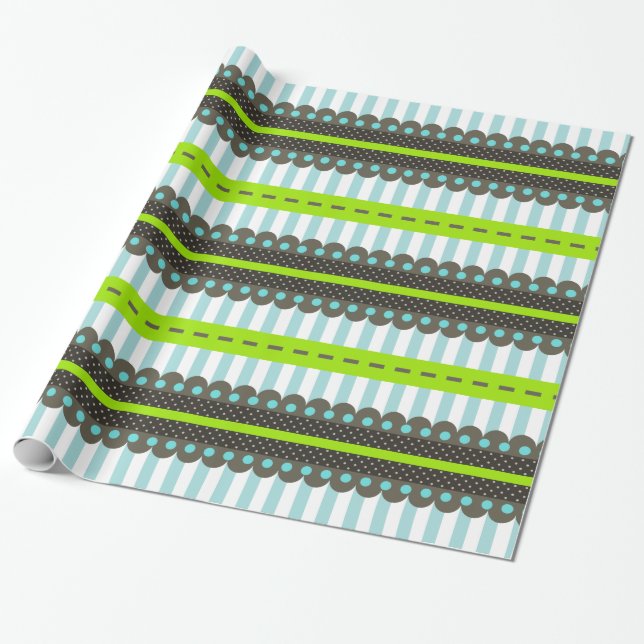 Modern Green, Blue, Brown Stripes & Dots Pattern Wrapping Paper (Unrolled)
