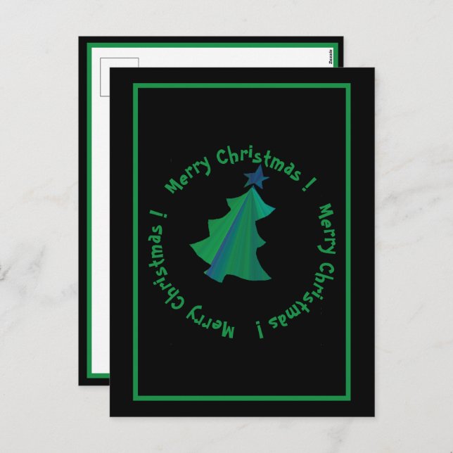 Modern Green Blue Christmas Tree on Black Holiday Postcard (Front/Back)
