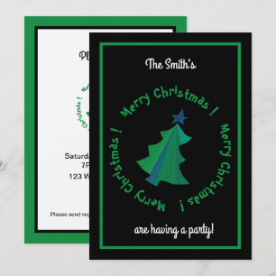 Modern Green Blue Christmas Tree on Black Invitation