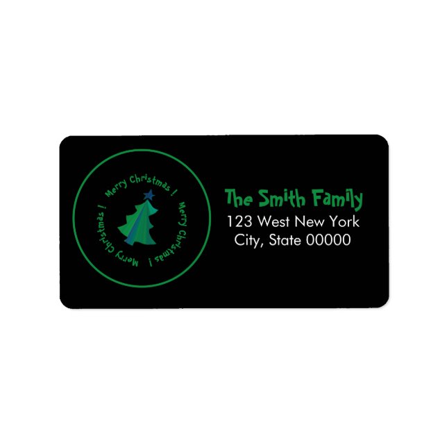 Modern Green Blue Christmas Tree on Black Label (Front)