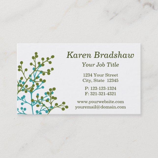 Modern Green & Blue Floral Business Card (Front)