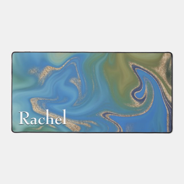 Modern Green Blue & Gold Marble Swirl Monogram Desk Mat (Front)