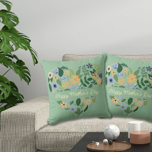 Modern Green Blue Heart Floral Mother's Day Cushion