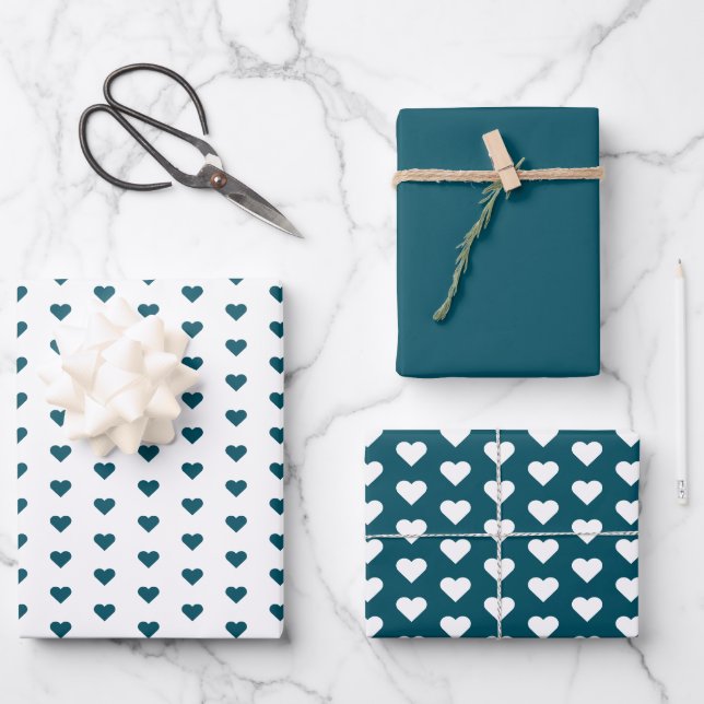 Modern Green Blue Heart Pattern Christmas Holiday Wrapping Paper Sheet (Front)