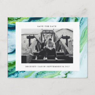 Modern Green Blue marble Photo SAVE THE DATE Announcement Postcard