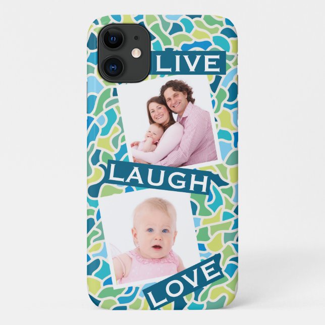 Modern Green Blue Mosaic Custom Photo Quote Case-Mate iPhone Case (Back)