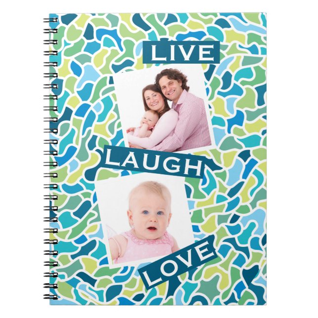 Modern Green Blue Mosaic Custom Photo Quote Notebook (Front)