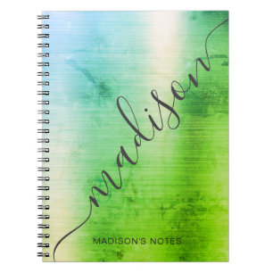 Modern Green Blue Ombre Metal Monogram Script Notebook