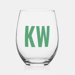 Modern Green Blue Shadow Monogram Personalized Stemless Wine Glass