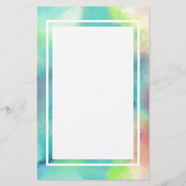 Modern Green & Blue Space Nebula Watercolor Stationery (Front)