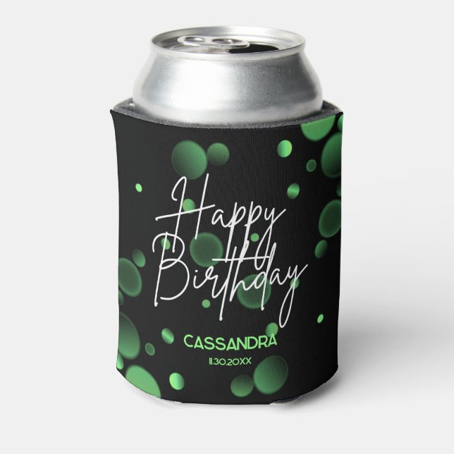 Modern Green Bokeh Gradient Black Happy Birthday Can Cooler (Can Back)
