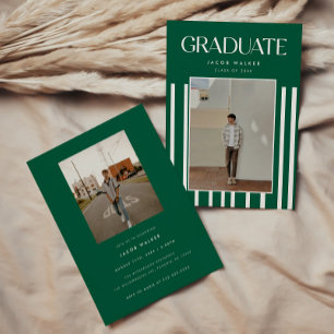 Modern Green Bold 2-Photo Striped Graduation Party Invitation