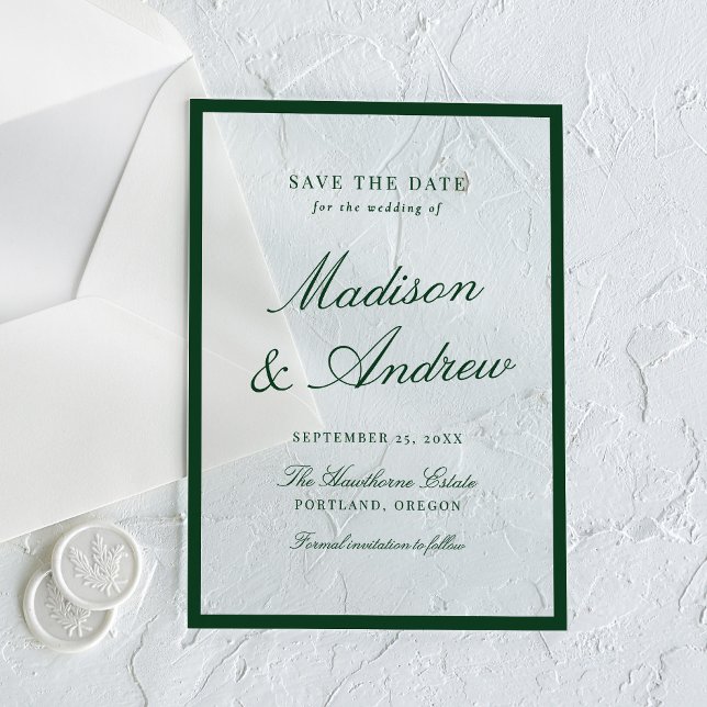 Modern Green Border Wedding Save the Date Acrylic Invitations (Creator Uploaded)