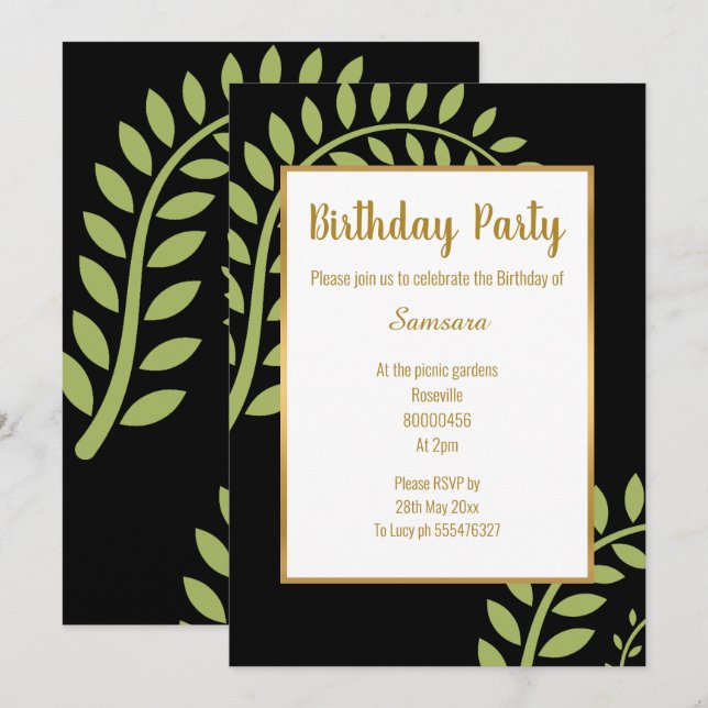MODERN GREEN BOTANICAL FERN BLACK BIRTHDAY INVITATION (Front/Back)