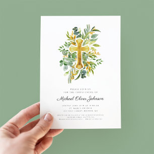 Modern Green Botanical Greenery Cross Christening Invitation