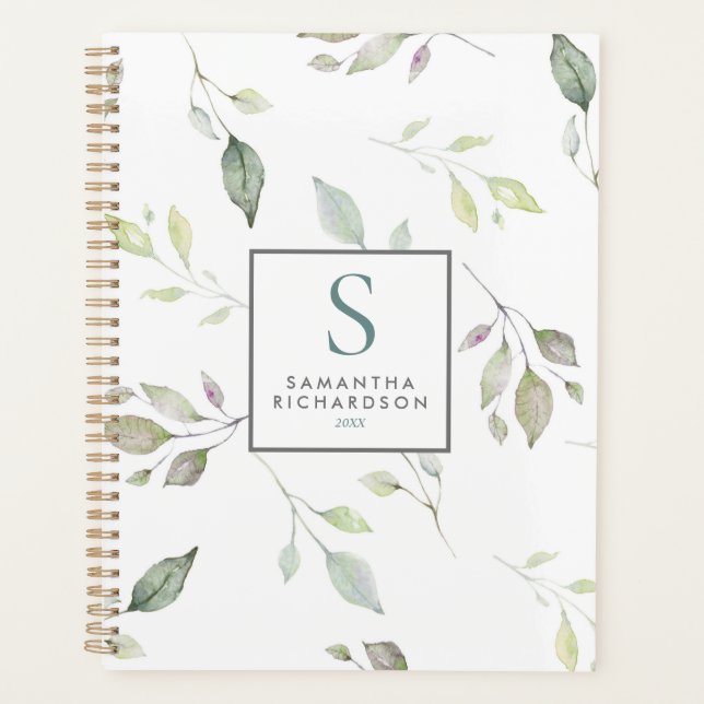 Modern Green Botanical Leaves Watercolor Monogram Planner (Front)