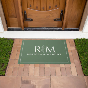 Modern Green Botanical Monogram Door Mat
