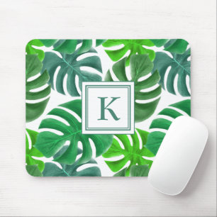 Modern Green Botanical Palm Leaves Monogram Mouse Mat