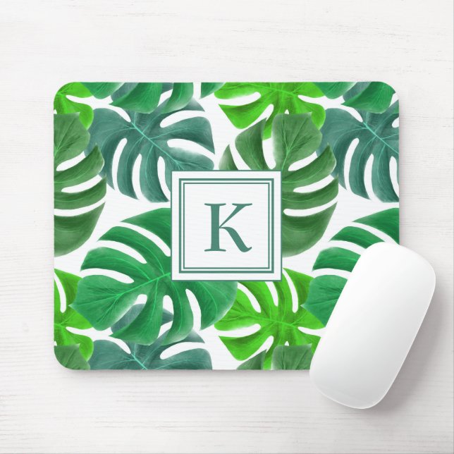 Modern Green Botanical Palm Leaves Monogram Mouse Mat (With Mouse)