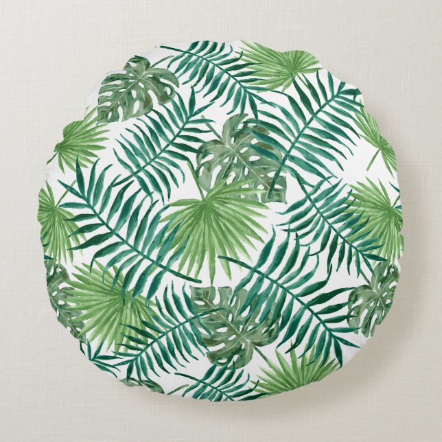 Modern Green Botanical Palm Leaves Round Cushion (Front)