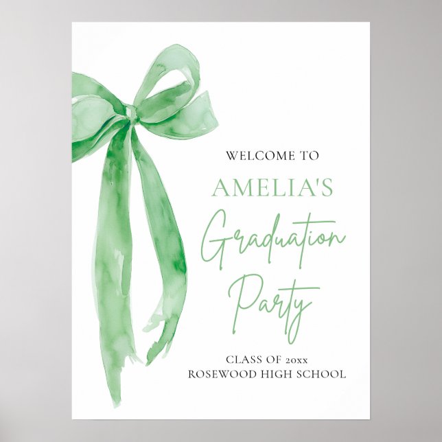 Modern Green Bow Coquette Graduation Party Welcome Poster (Front)