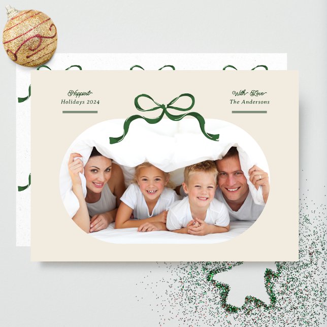 Modern Green Bow Oval Photo Happiest Holiday Card (Creator Uploaded)