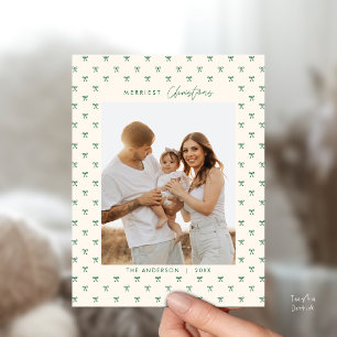 Modern Green Bow Pattern Family Photo Christmas Postcard