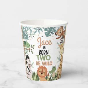 Modern Green Brown Born Two Be Wild 2nd Birthday Paper Cups