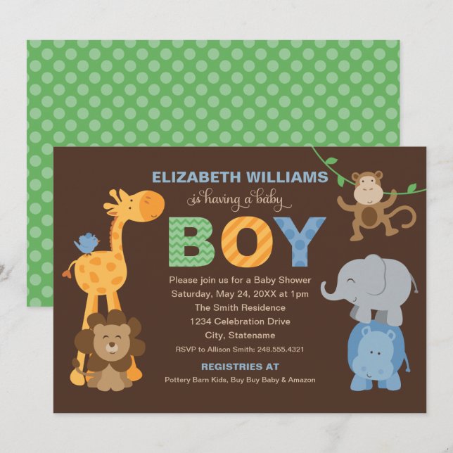 Modern Green Brown Jungle Animals Boy Baby Shower Invitation (Front/Back)
