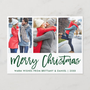 Modern Green Brush Script 3 Photo Couple Christmas Postcard