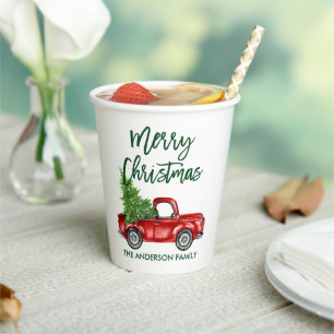 Modern Green Brush Script Christmas Vintage Truck Paper Cups