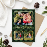 Modern Green Buffalo Plaid Christmas Photo Collage Foil Holiday Card<br><div class="desc">Modern and festive plaid photo holiday card features a collage of 3 photos framed by a border and accents of real gold foil and hand painted watercolor green and black buffalo plaid check patterned background. Personalise the custom "Merriest Christmas" text with your preferred wording, family name, and the year. The...</div>