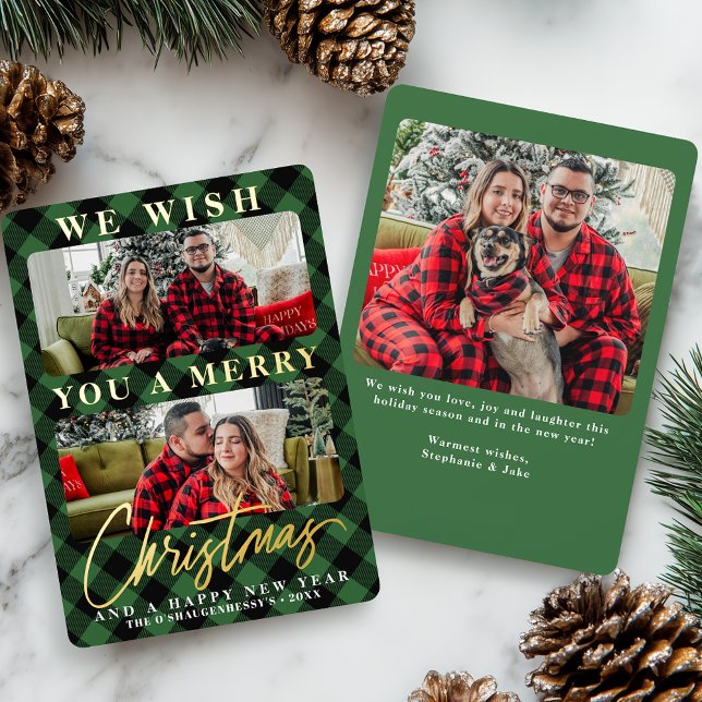 Modern Green Buffalo Plaid Christmas Photo Foil Holiday Card (Creator Uploaded)