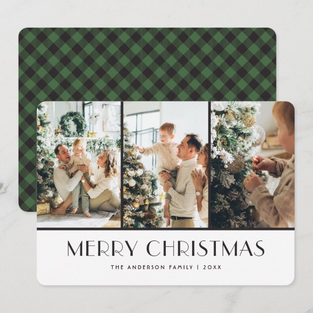 Modern Green Buffalo Plaid Photo Christmas Cards (Front/Back)