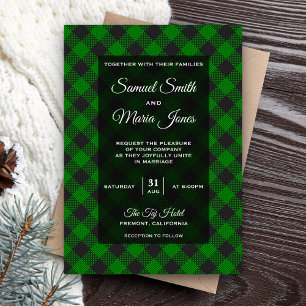 Modern Green Buffalo Plaid Wedding Invitation
