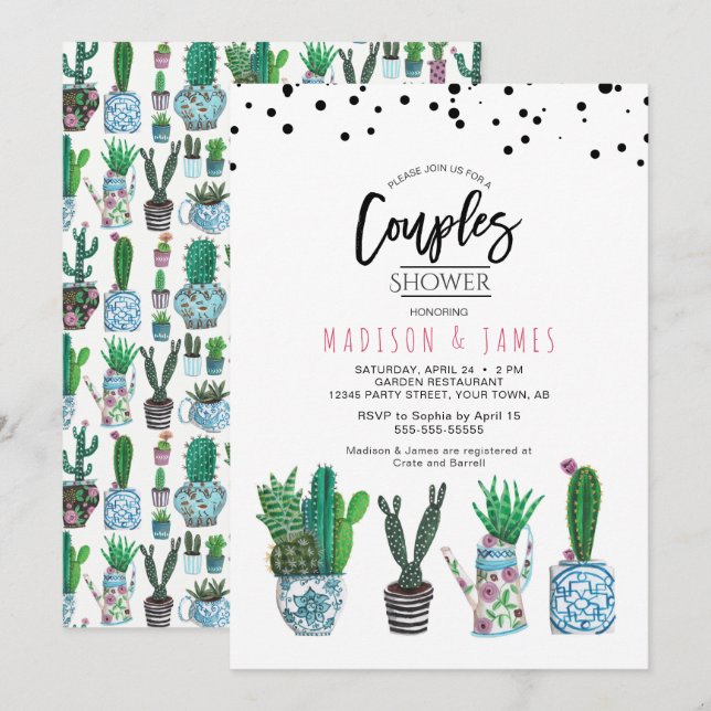 Modern Green Cactus & Dots | Couples Shower Invitation (Front/Back)