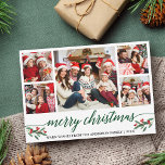Modern Green Calligraphy 5 Photo Family Christmas Holiday Card<br><div class="desc">Modern Calligraphy Script 5 Photo Family Photo Collage Merry Christmas Card includes Watercolor Christmas Holly Berries - Green Script</div>