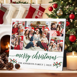 Modern Green Calligraphy 5 Photo Family Christmas Plaque