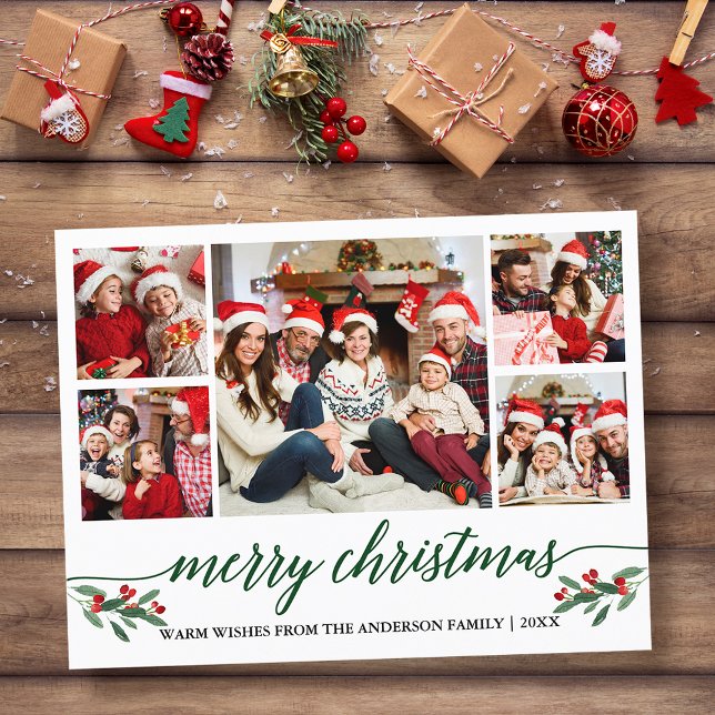 Modern Green Calligraphy 5 Photo Family Christmas Postcard (Customize to change your personalized text size or text style.)