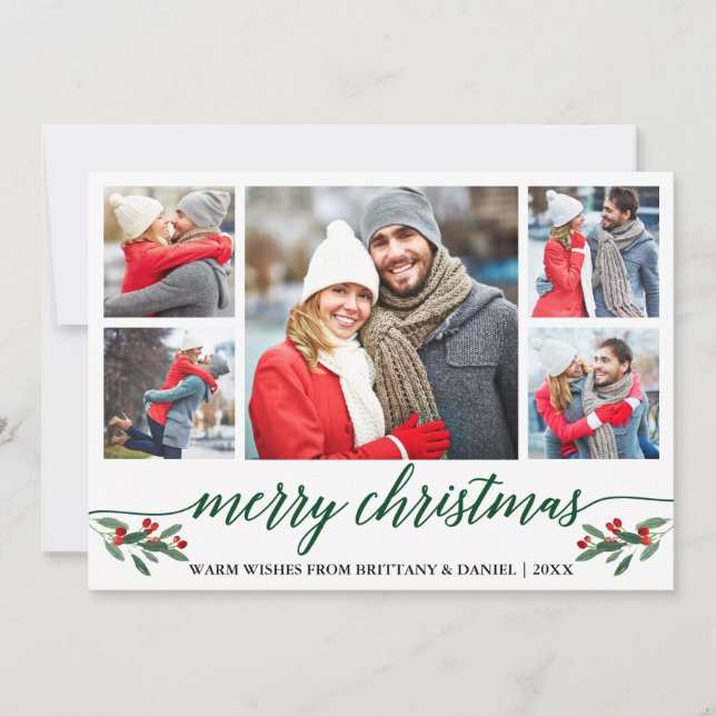 Modern Green Calligraphy 5 Photo Merry Christmas Holiday Card (Front)