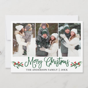 Modern Green Calligraphy Christmas Holly 3 Photo Holiday Card
