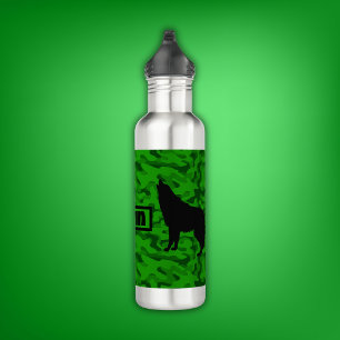 Modern Green Camo Black Wolf Silhouette Monogram 710 Ml Water Bottle