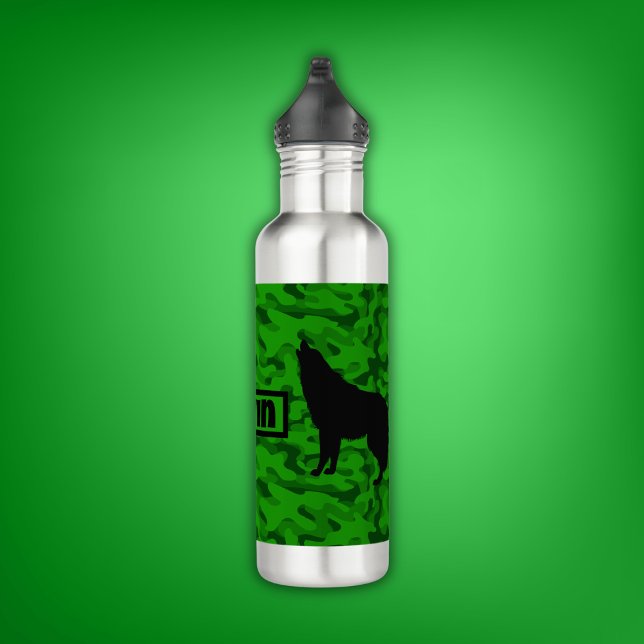 Modern Green Camo Black Wolf Silhouette Monogram | 710 Ml Water Bottle (Creator Uploaded)