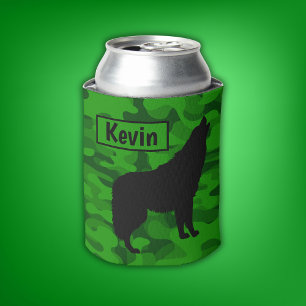 Modern Green Camo Black Wolf Silhouette Monogram Can Cooler