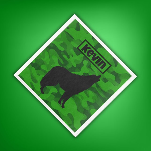 Modern Green Camo Black Wolf Silhouette Monogram | Napkin (Creator Uploaded)