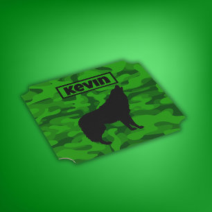 Modern Green Camo Black Wolf Silhouette Monogram   Paper Coaster